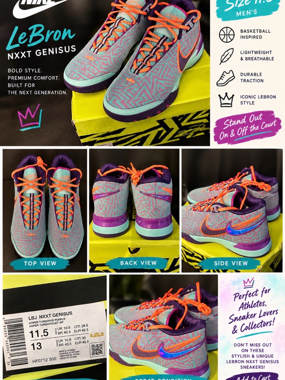 Mens 11.5, women’s 13, Basketball Shoes - Teal/Orange/Purple LeBron Nike Genisus